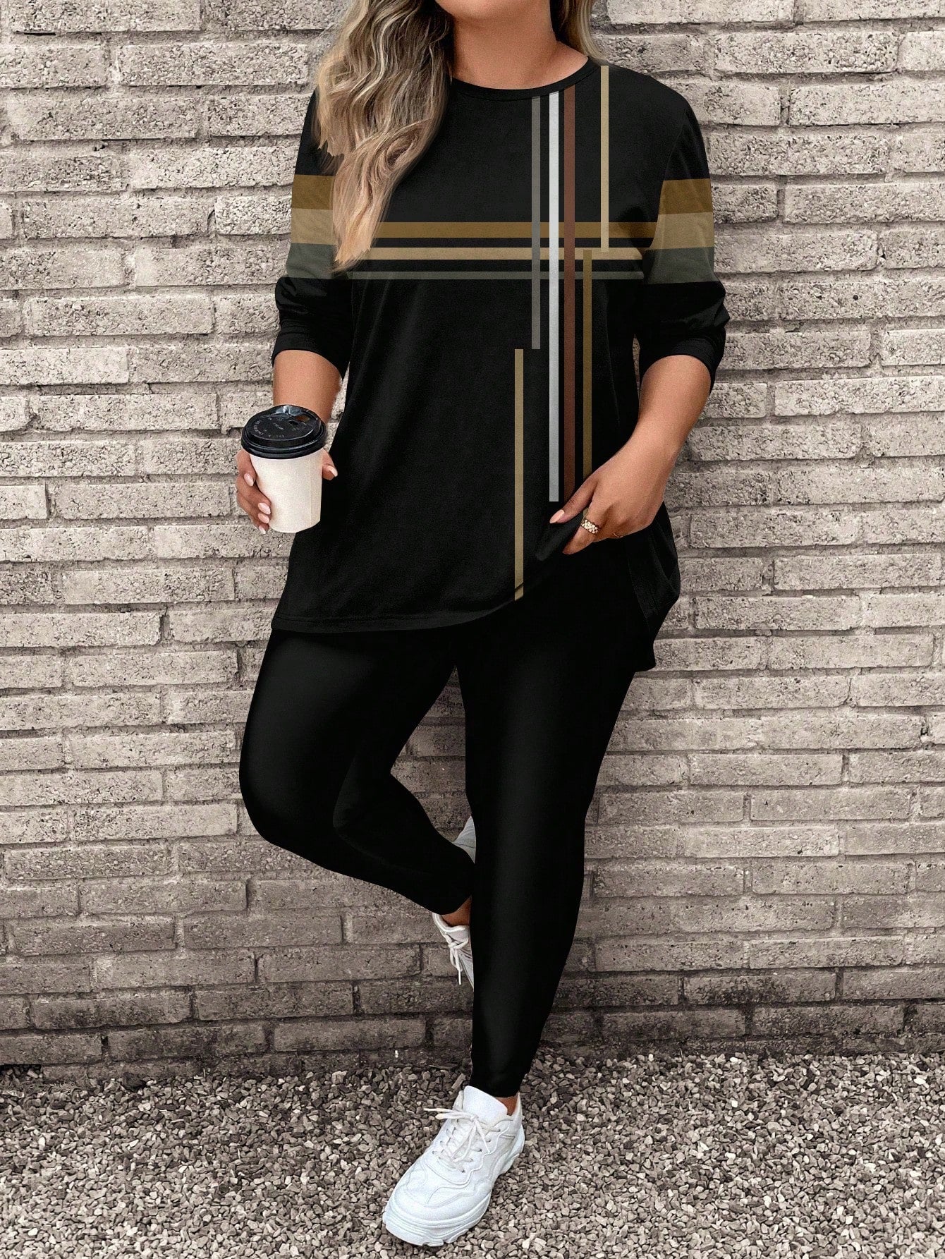 LUNE 2pcs/Set Plus Size Women Casual Long Sleeve T-Shirt And Yoga Pants, Suitable For Autumn/Winter