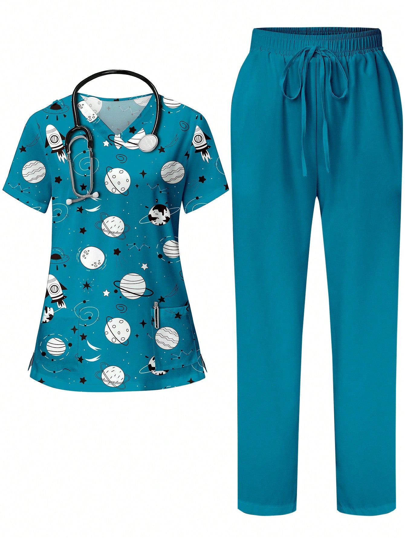 TaskFit Simple Space Graphic Print V-Neck Scrub Top With Pocket & Snap Front For Women, Uniform Set