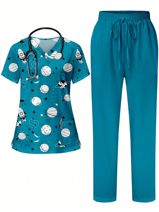 TaskFit Simple Space Graphic Print V-Neck Scrub Top With Pocket & Snap Front For Women, Uniform Set