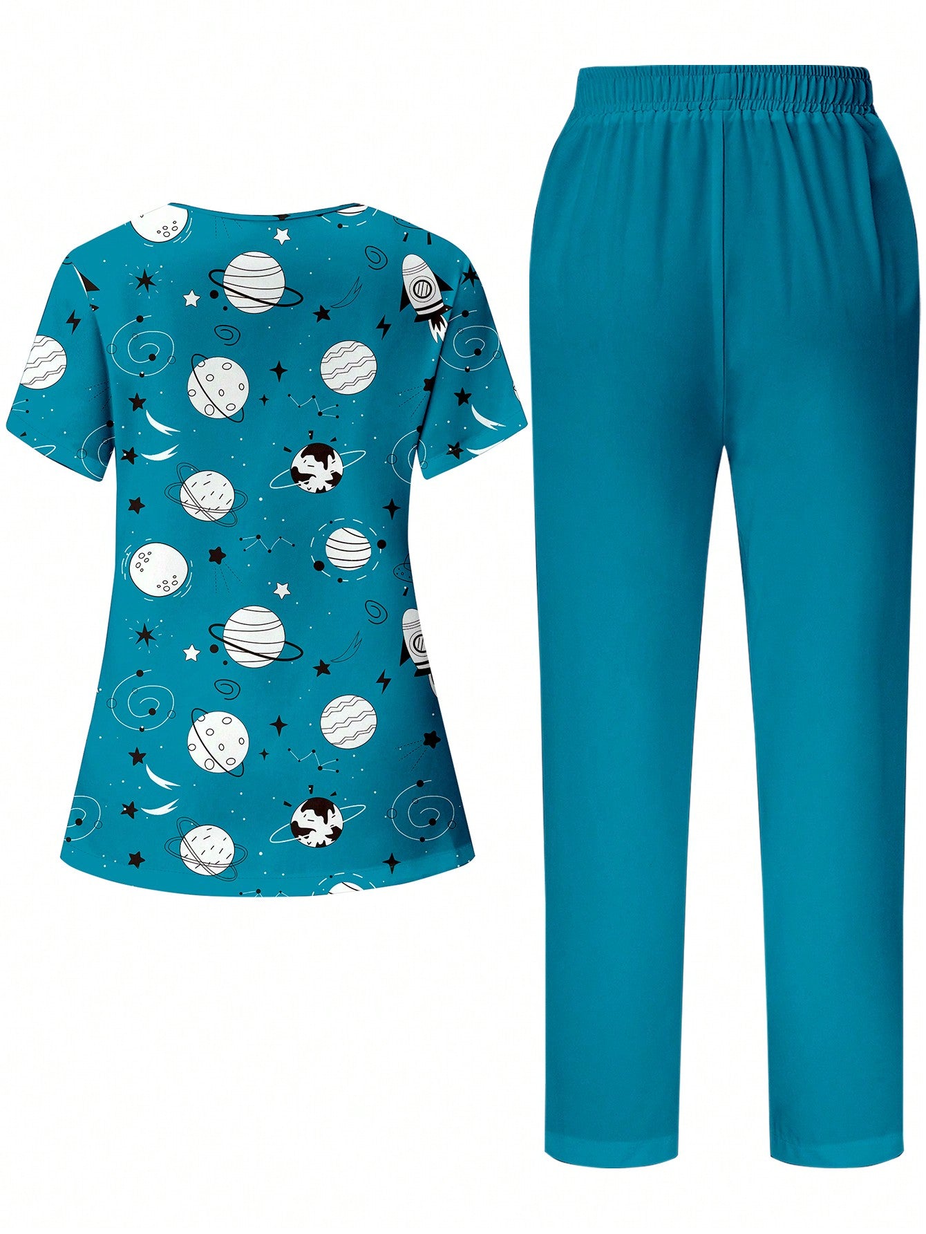 TaskFit Simple Space Graphic Print V-Neck Scrub Top With Pocket & Snap Front For Women, Uniform Set