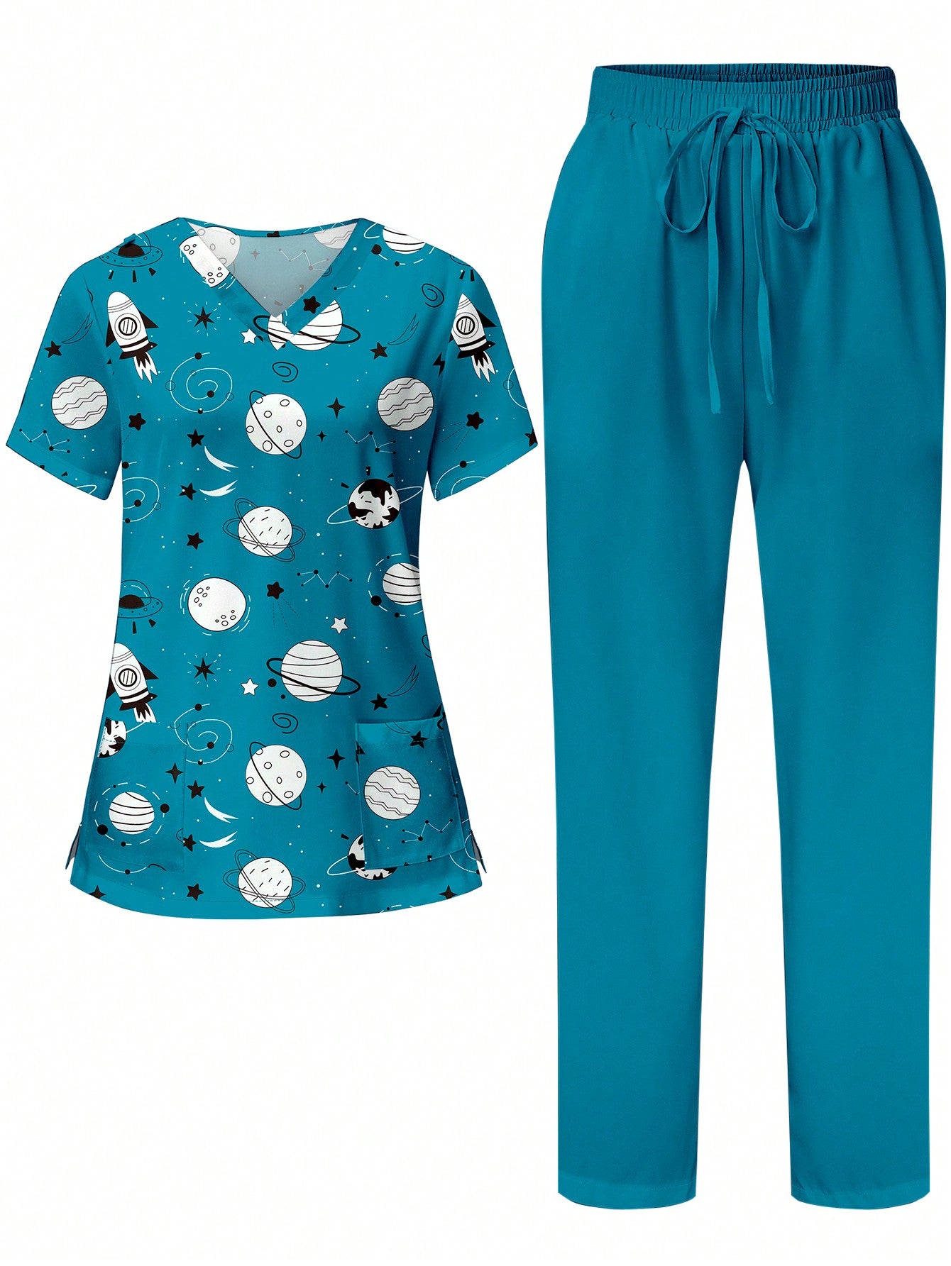 TaskFit Simple Space Graphic Print V-Neck Scrub Top With Pocket & Snap Front For Women, Uniform Set