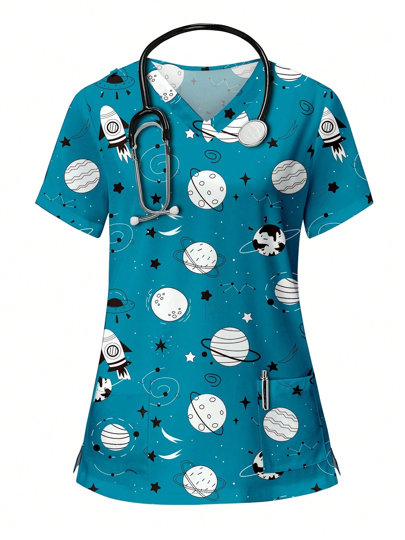 TaskFit Simple Space Graphic Print V-Neck Scrub Top With Pocket & Snap Front For Women, Uniform Set