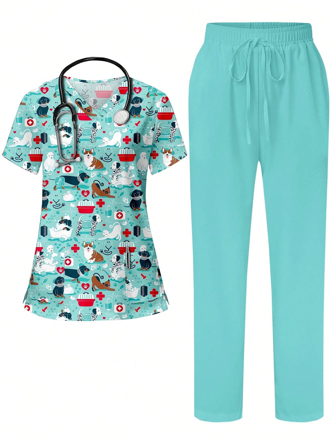 TaskFit Cute Cartoon Animal Print V-Neck Short Sleeve Pocket Uniform Set For Women, Scrubs With Ear Loops & Side Slits