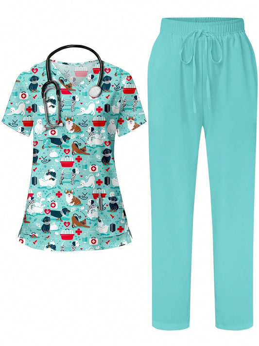 TaskFit Cute Cartoon Animal Print V-Neck Short Sleeve Pocket Uniform Set For Women, Scrubs With Ear Loops & Side Slits