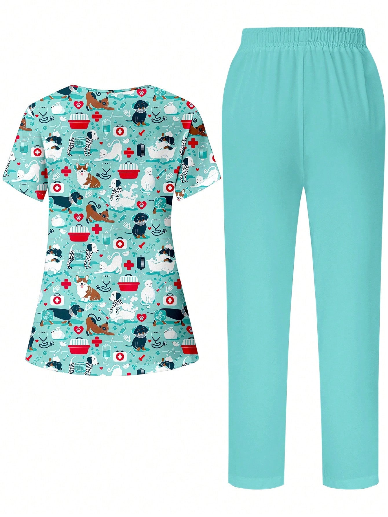 TaskFit Cute Cartoon Animal Print V-Neck Short Sleeve Pocket Uniform Set For Women, Scrubs With Ear Loops & Side Slits