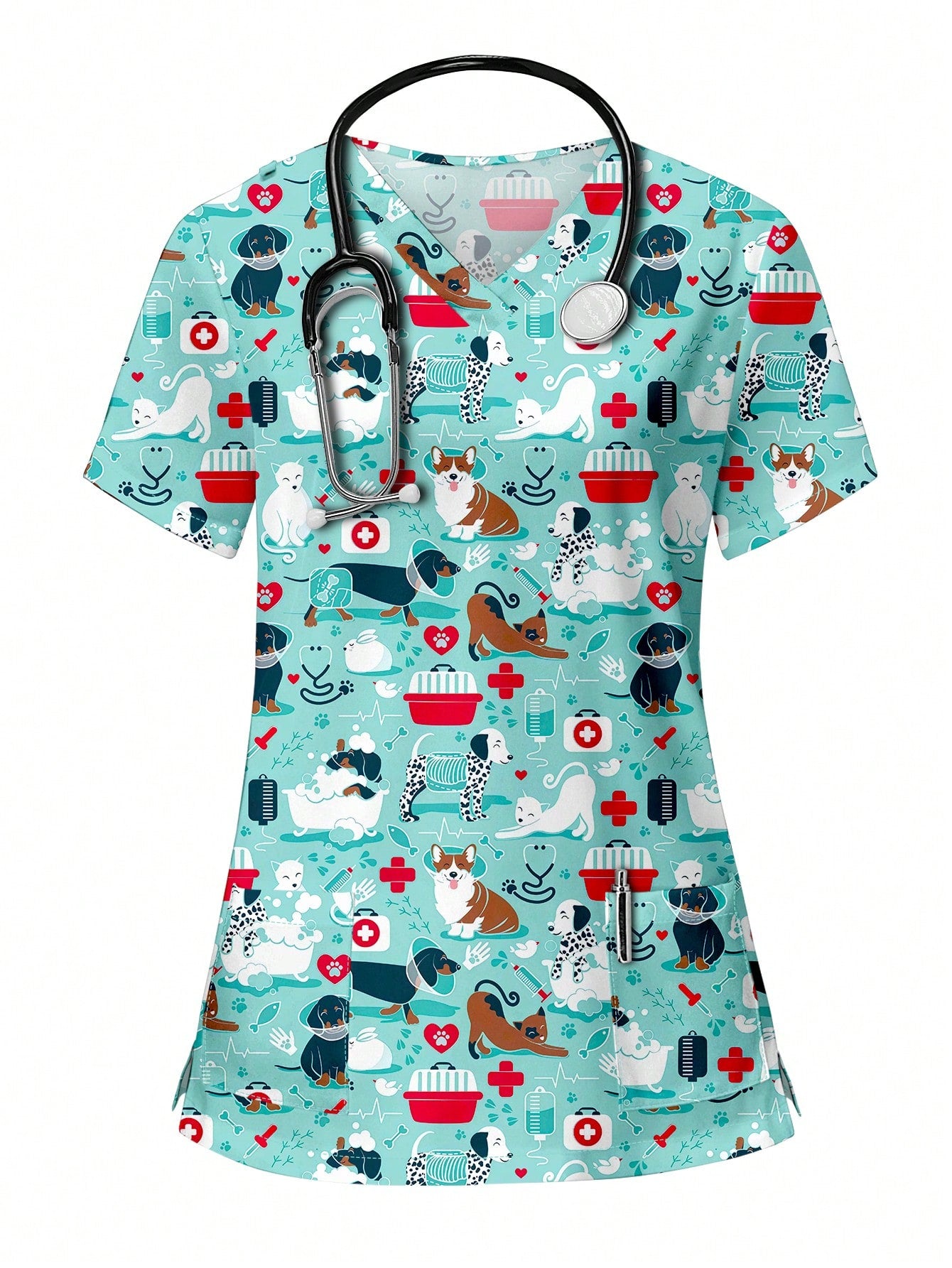 TaskFit Cute Cartoon Animal Print V-Neck Short Sleeve Pocket Uniform Set For Women, Scrubs With Ear Loops & Side Slits