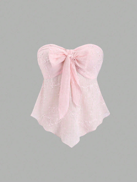 Sweetra Textured Fabric Knot Front Strapless Top Y2K Outfit 