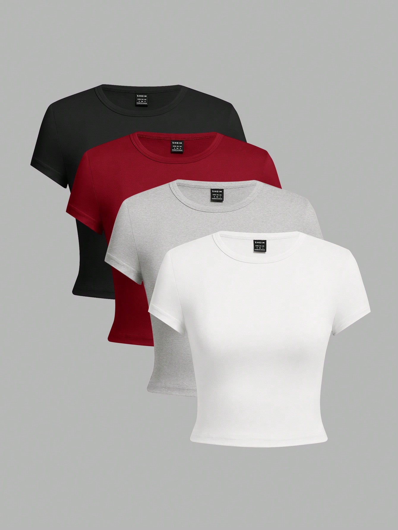 EZwear 4pcs/Pack Women Solid Color   Leopard Print Round Neck Short Sleeve T-Shirt