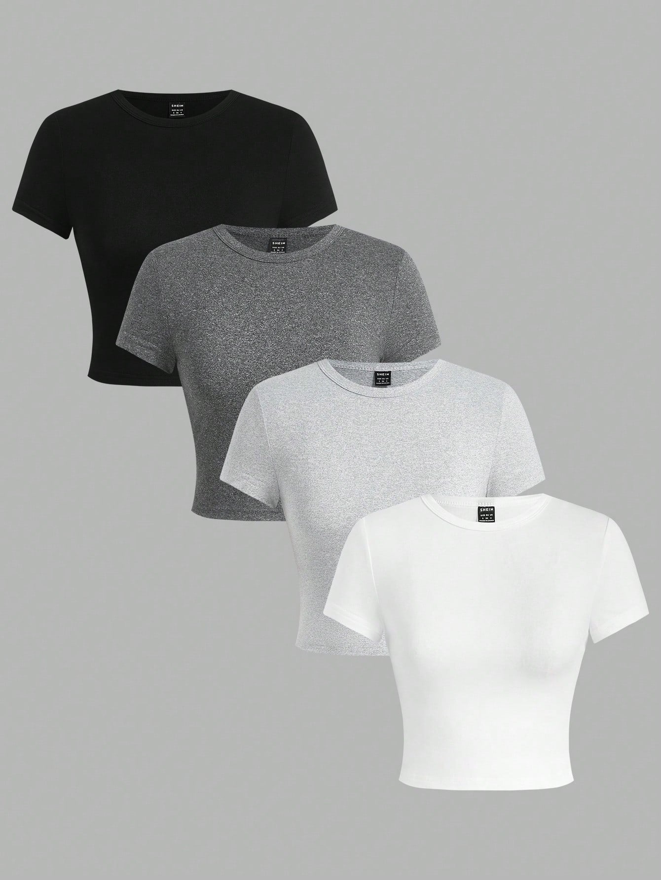 EZwear 4pcs/Pack Women Solid Color   Leopard Print Round Neck Short Sleeve T-Shirt