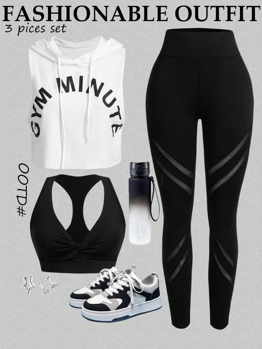 Sport Studio Women Letter Print Hooded Sports Vest And Pants Set, Fashion & Versatile