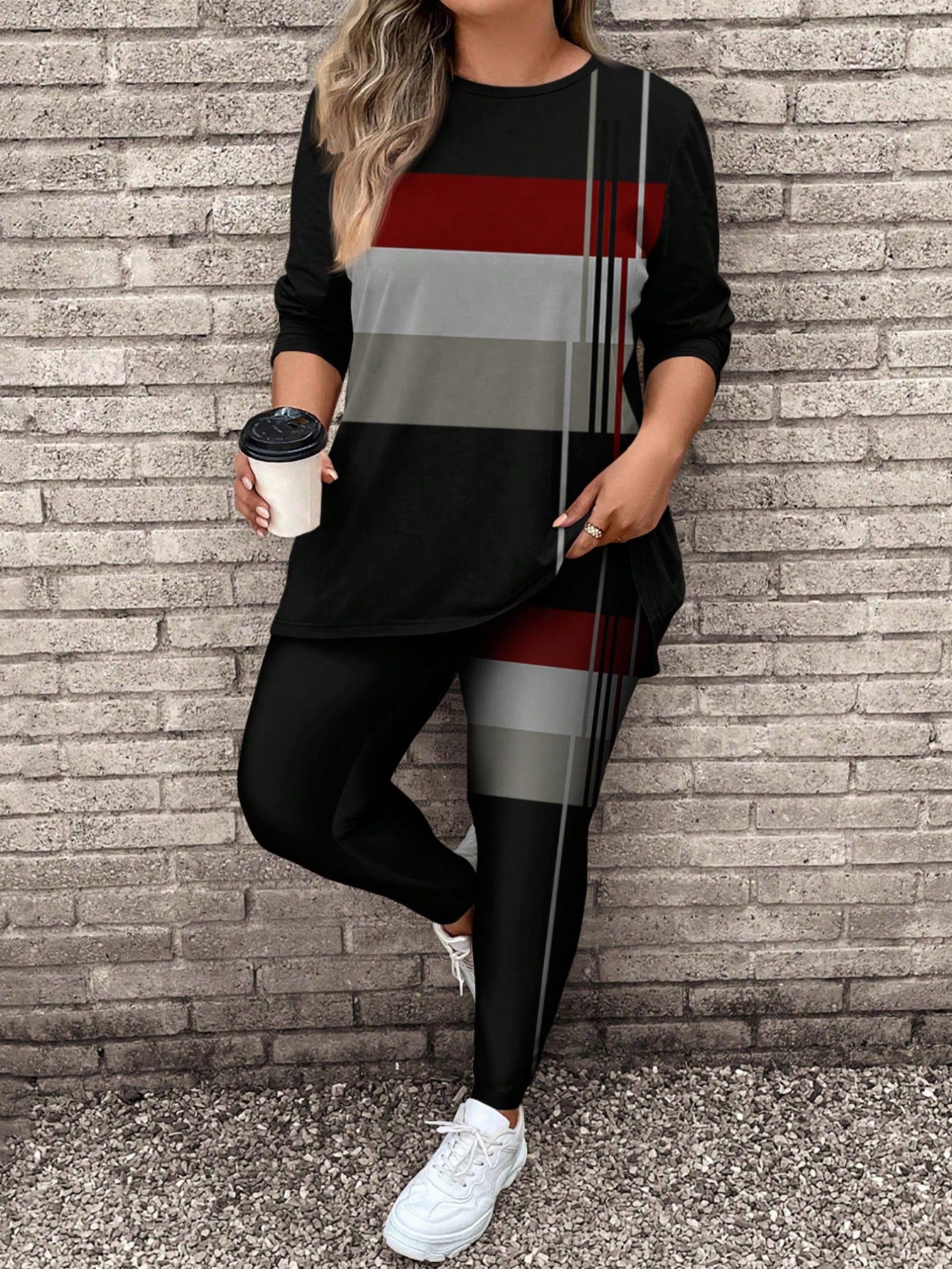 LUNE 2pcs/Set Plus Size Women Casual Long Sleeve T-Shirt And Yoga Pants, Suitable For Autumn/Winter
