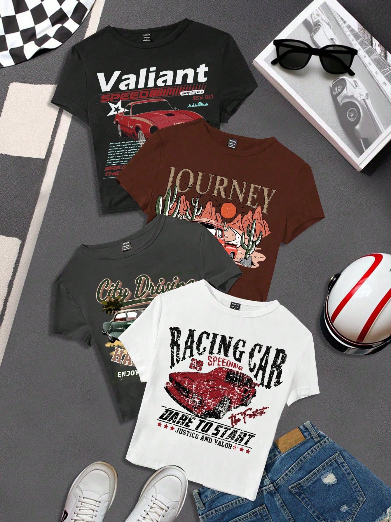 EZwear 4pcs/Pack Women Solid Color   Leopard Print Round Neck Short Sleeve T-Shirt