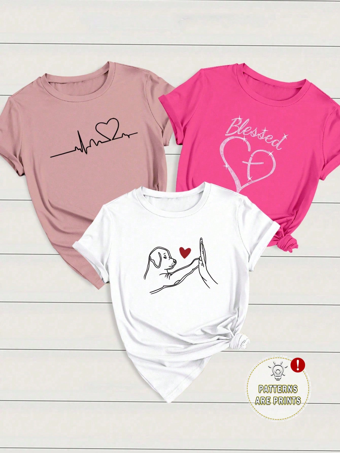 INAWLY 3pcs/Set Women Heart & Letter ECG Graphic T-Shirts, Casual Short Sleeve Tops Graphic Tees Women Tops