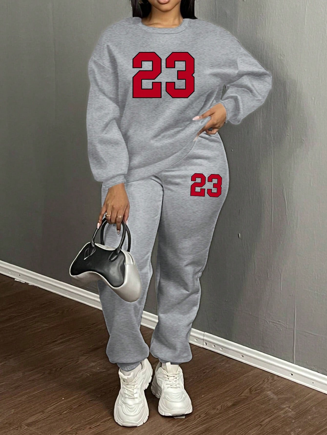 Slayr 2pcs/Set Women 23 Graphic Crew Neck Oversized Loose Fit Long Sleeve Sweatshirt And Long Drawstring Hem Casual Sweatpants, Autumn/Winter