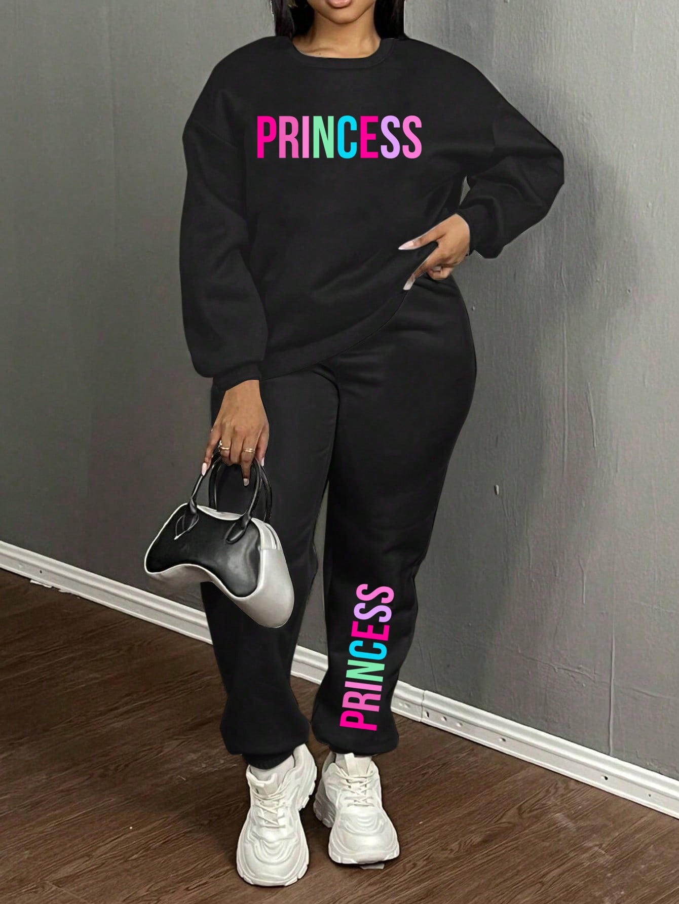 Slayr 2pcs/Set Women 23 Graphic Crew Neck Oversized Loose Fit Long Sleeve Sweatshirt And Long Drawstring Hem Casual Sweatpants, Autumn/Winter