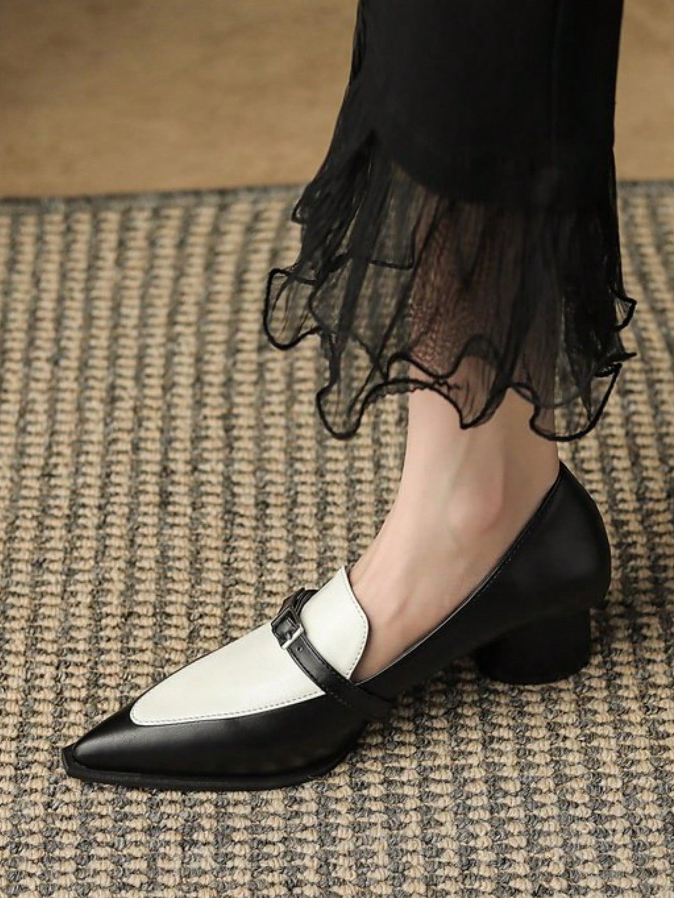 Popular INS British Style Color Block Pointed-Toe Loafers, Thick Heel High Heels, Elegant Shoes For Women