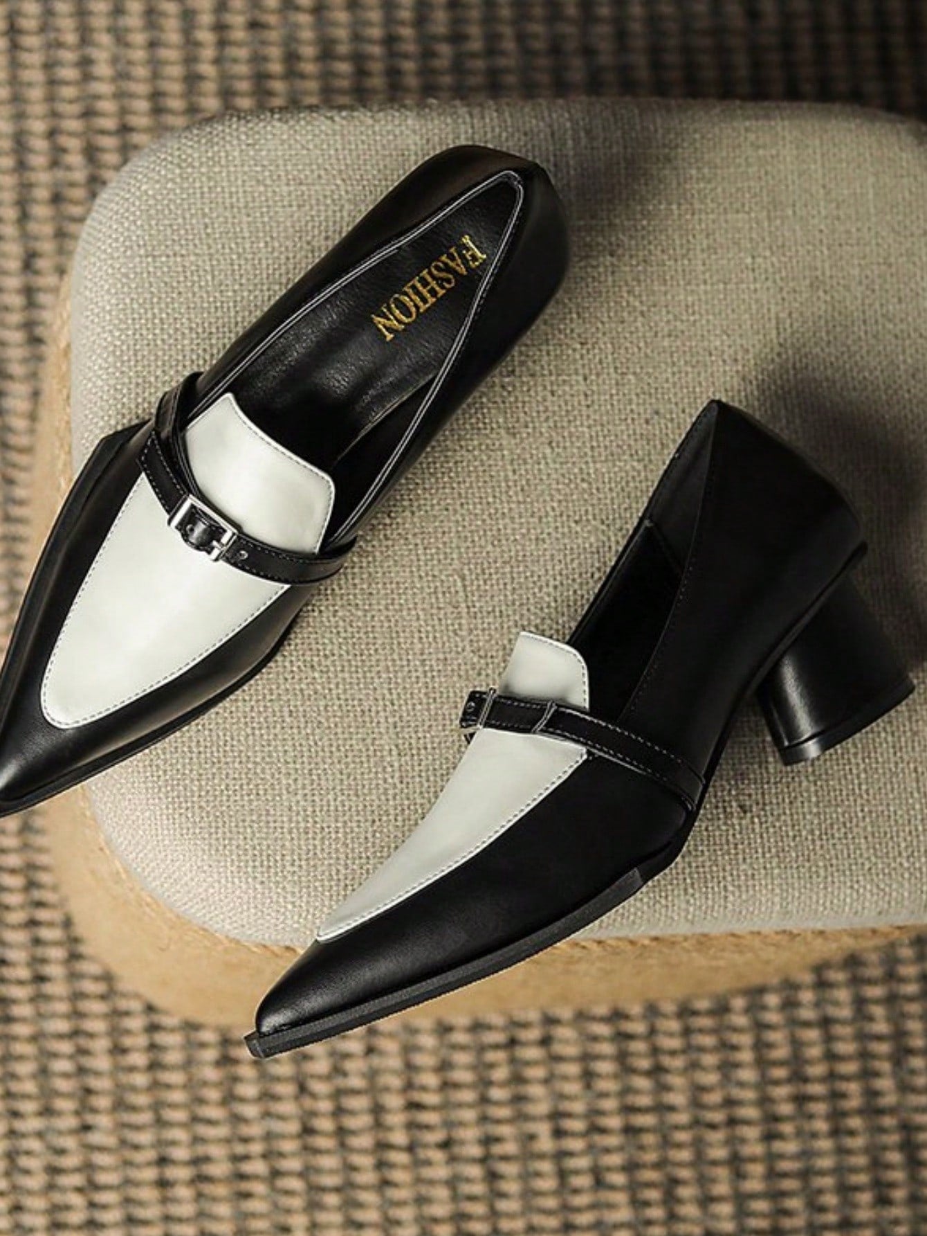 Popular INS British Style Color Block Pointed-Toe Loafers, Thick Heel High Heels, Elegant Shoes For Women