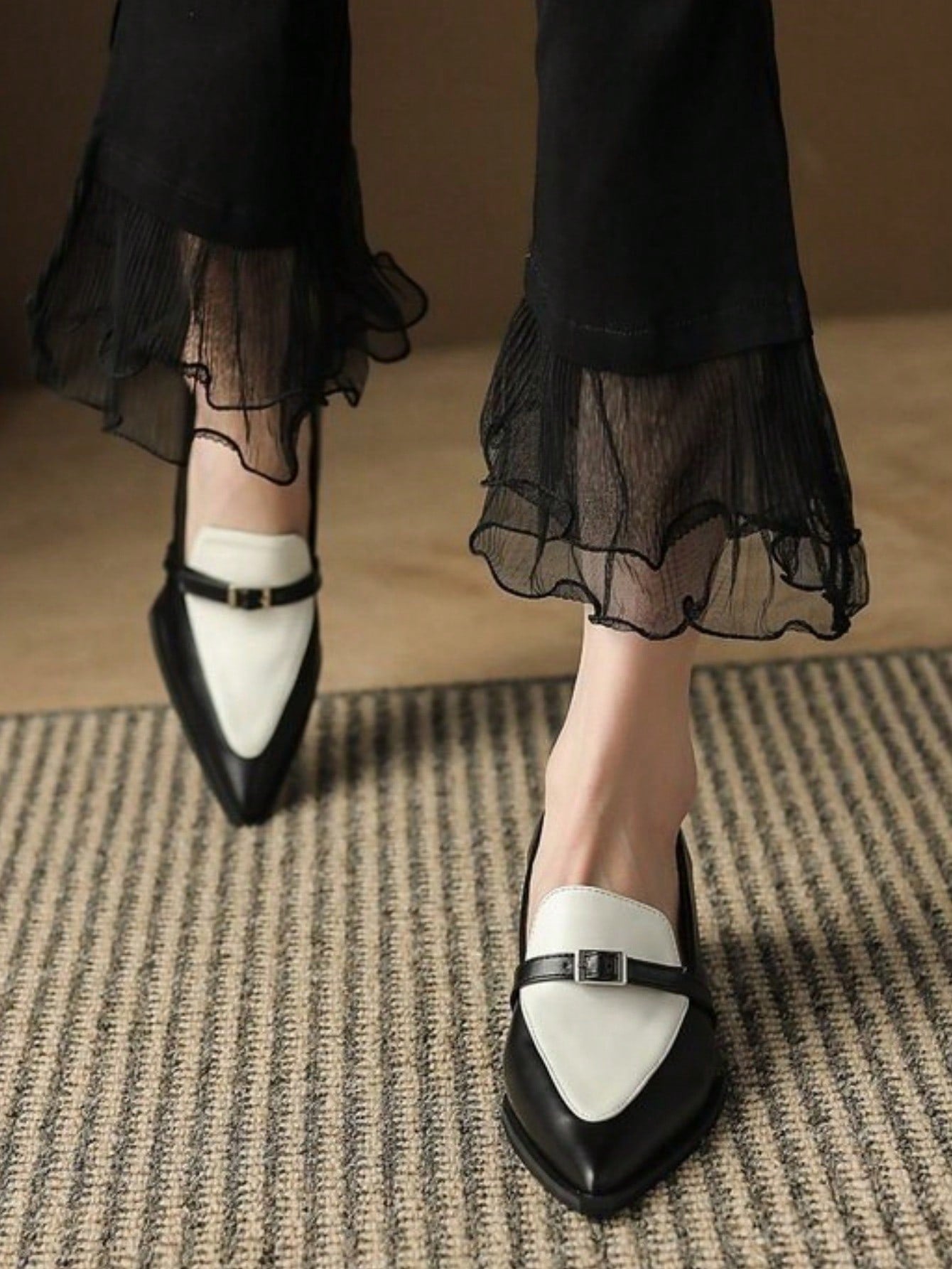 Popular INS British Style Color Block Pointed-Toe Loafers, Thick Heel High Heels, Elegant Shoes For Women