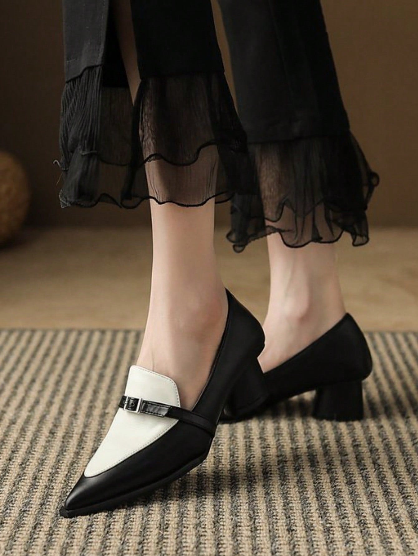 Popular INS British Style Color Block Pointed-Toe Loafers, Thick Heel High Heels, Elegant Shoes For Women