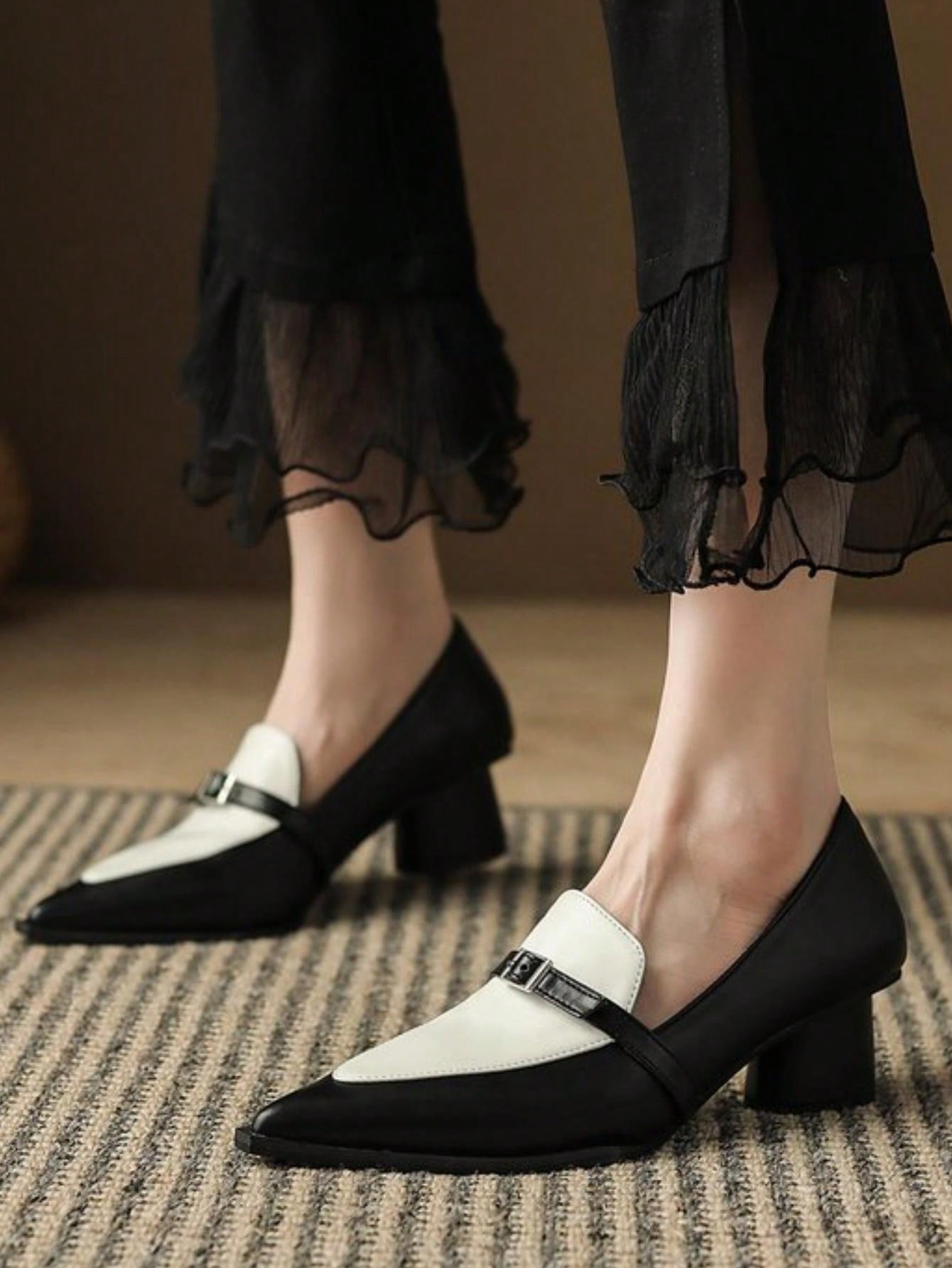 Popular INS British Style Color Block Pointed-Toe Loafers, Thick Heel High Heels, Elegant Shoes For Women