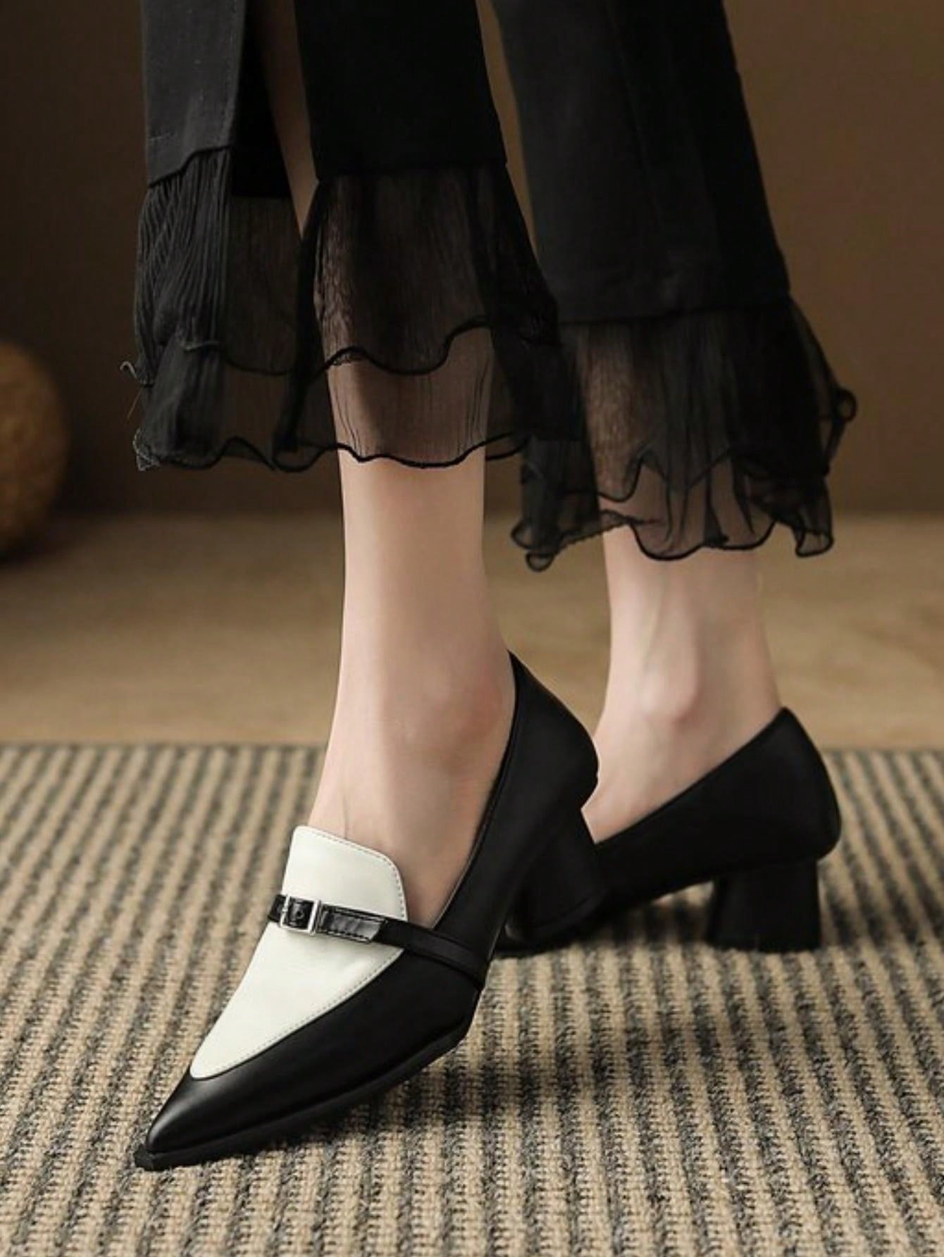 Popular INS British Style Color Block Pointed-Toe Loafers, Thick Heel High Heels, Elegant Shoes For Women