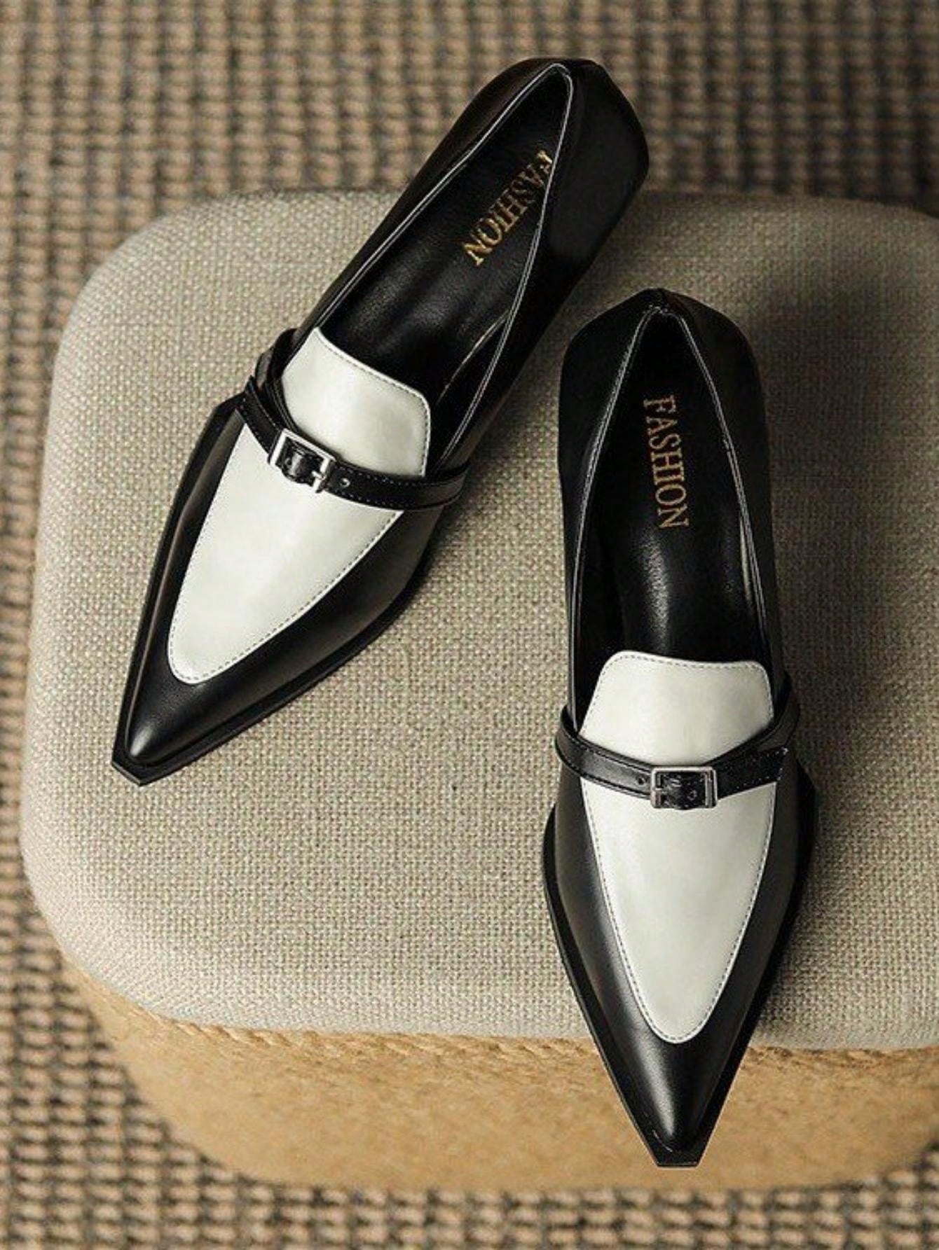 Popular INS British Style Color Block Pointed-Toe Loafers, Thick Heel High Heels, Elegant Shoes For Women