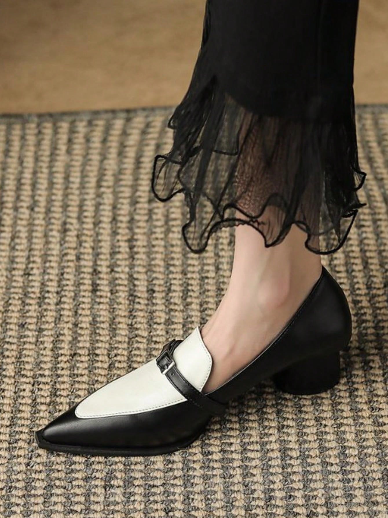 Popular INS British Style Color Block Pointed-Toe Loafers, Thick Heel High Heels, Elegant Shoes For Women