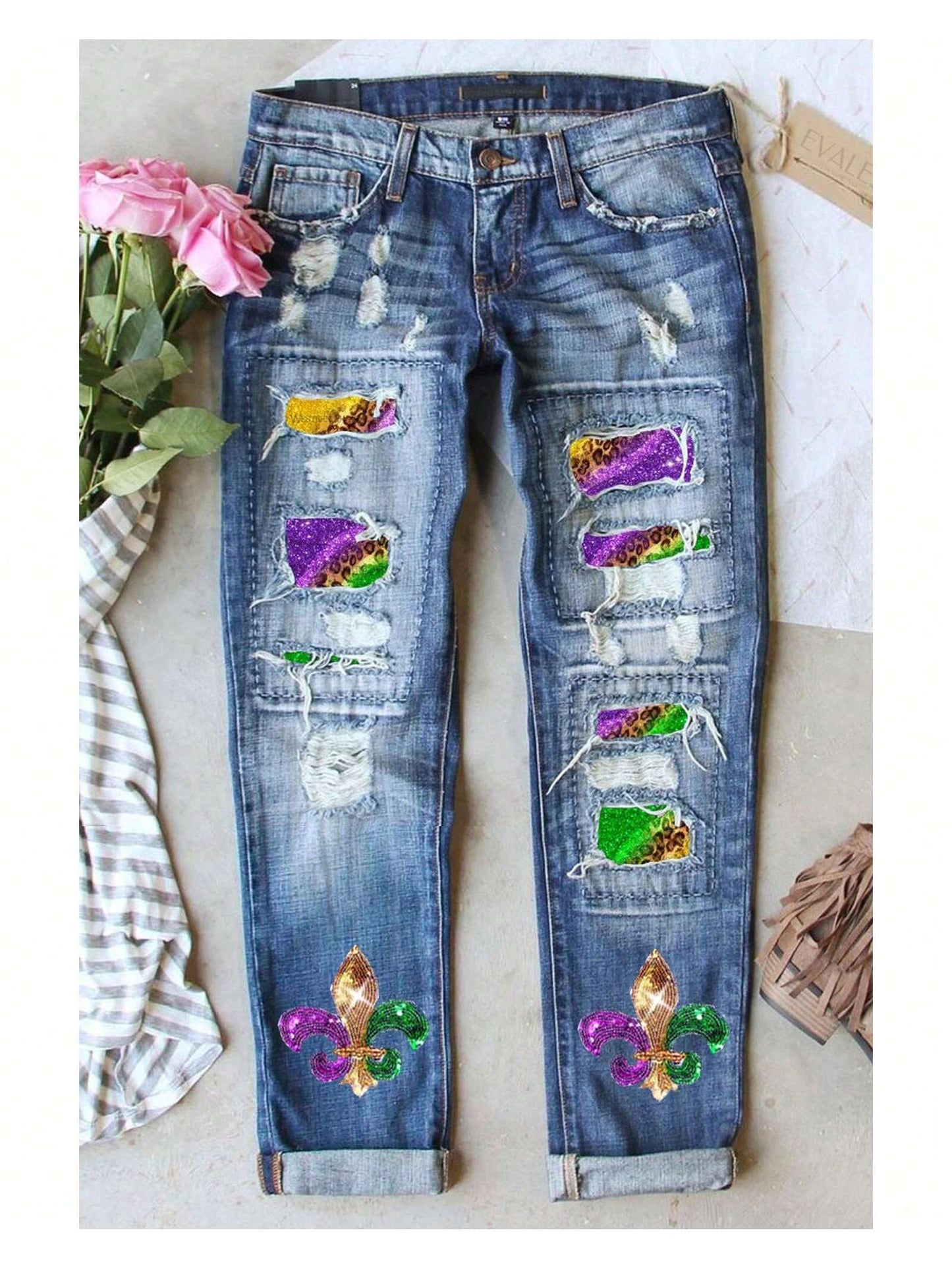 Azura Exchange Sky Blue Shiny Mardi Gras Fleur-De-Lis Patch Distressed Jeans