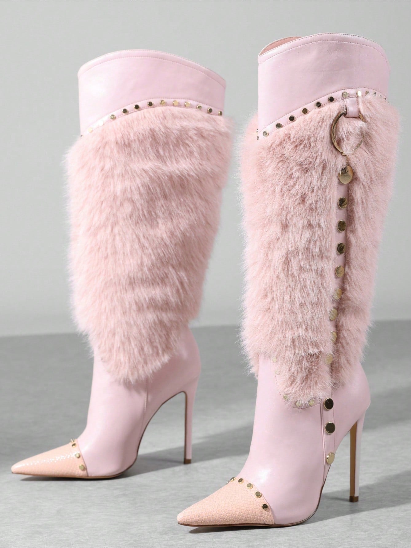 Pasuot Pink Fluffy Stiletto Knee-High Boots For Women – Pointed Toe, Sexy High Heel, Faux Fur Patchwork Winter Boots
