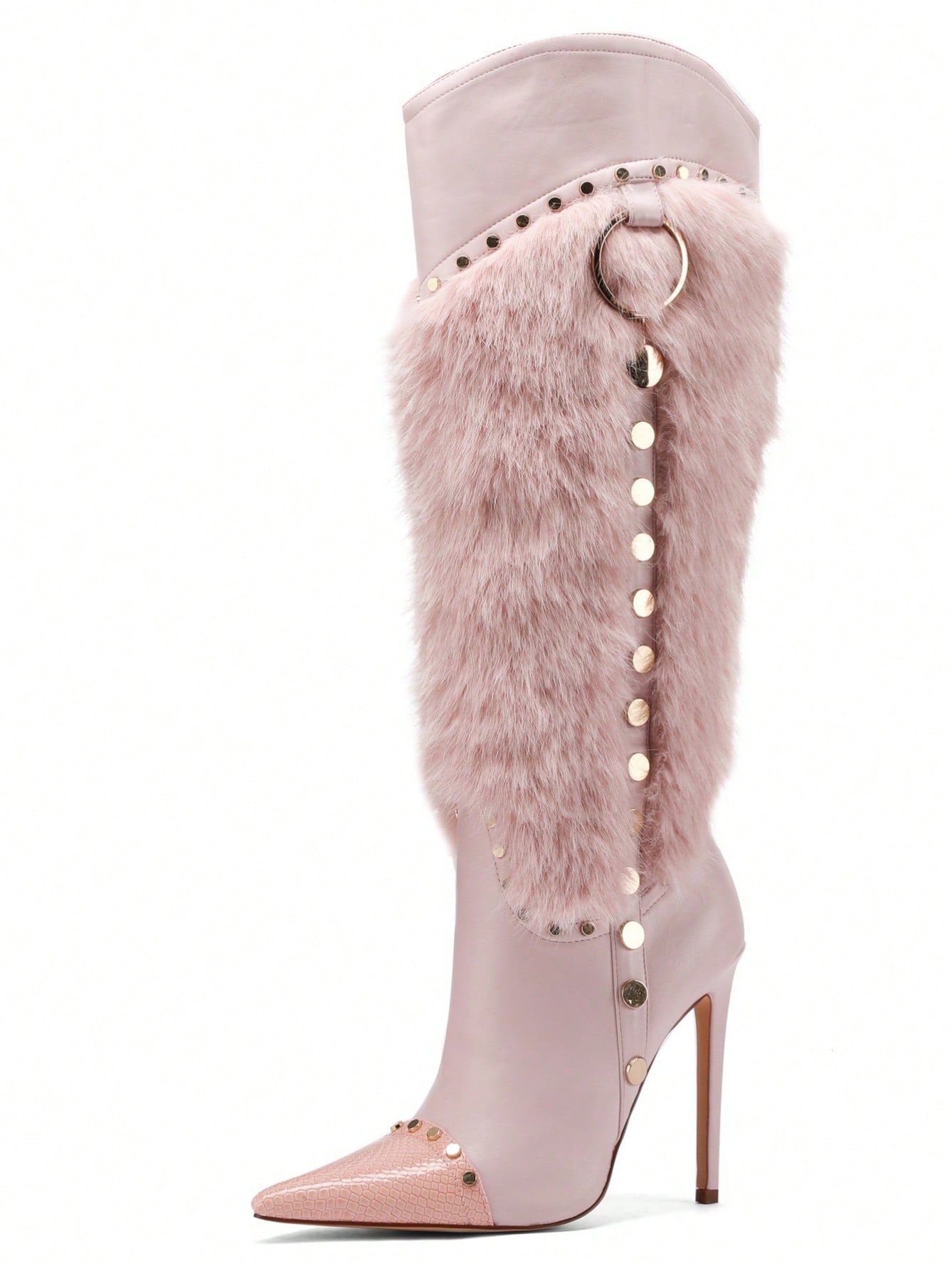 Pasuot Pink Fluffy Stiletto Knee-High Boots For Women – Pointed Toe, Sexy High Heel, Faux Fur Patchwork Winter Boots