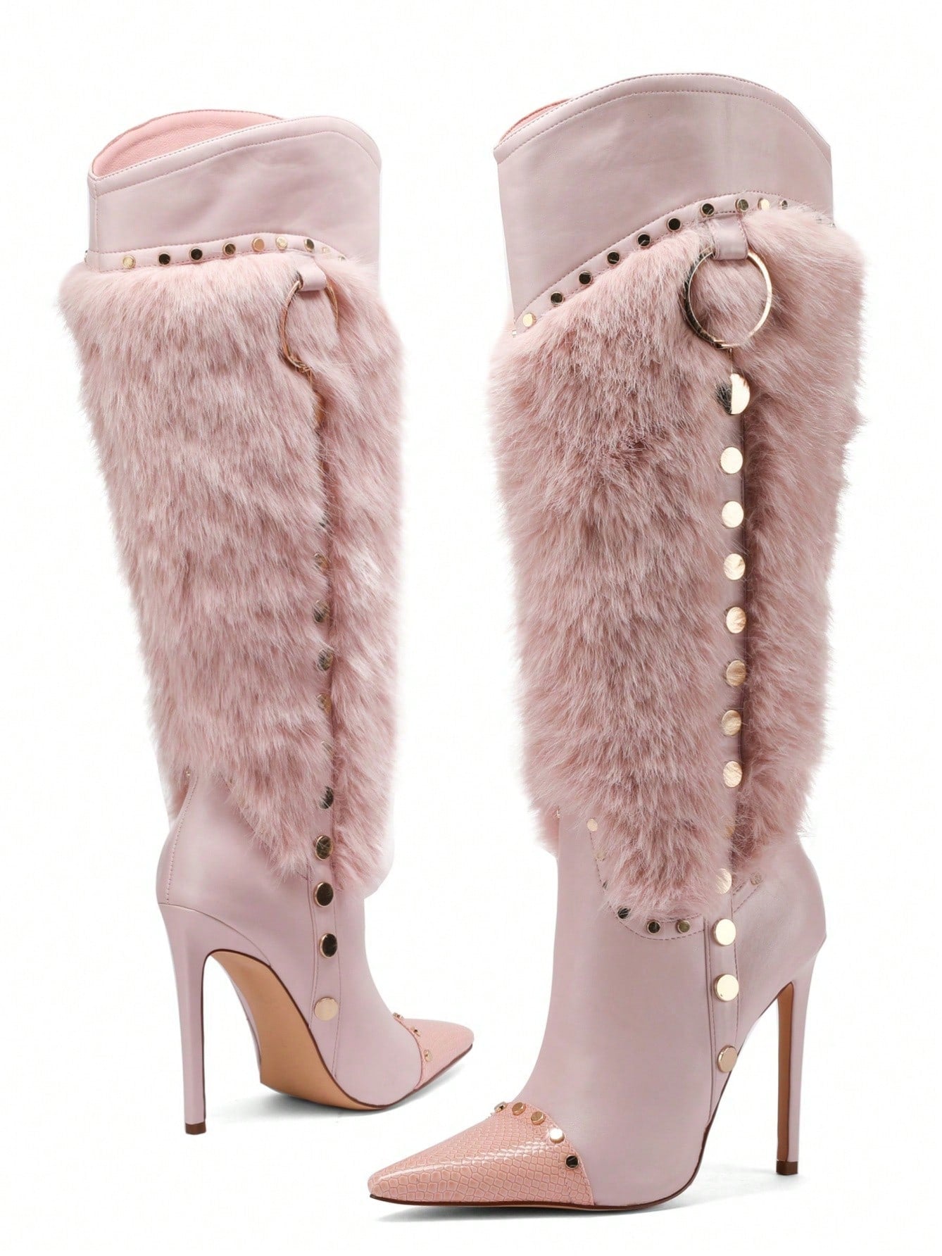 Pasuot Pink Fluffy Stiletto Knee-High Boots For Women – Pointed Toe, Sexy High Heel, Faux Fur Patchwork Winter Boots