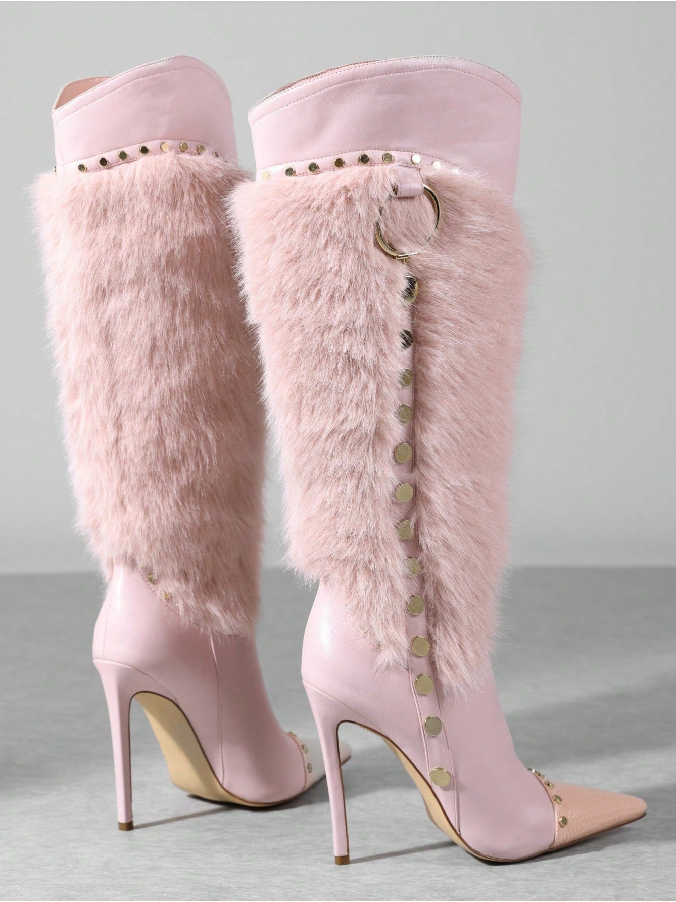 Pasuot Pink Fluffy Stiletto Knee-High Boots For Women – Pointed Toe, Sexy High Heel, Faux Fur Patchwork Winter Boots