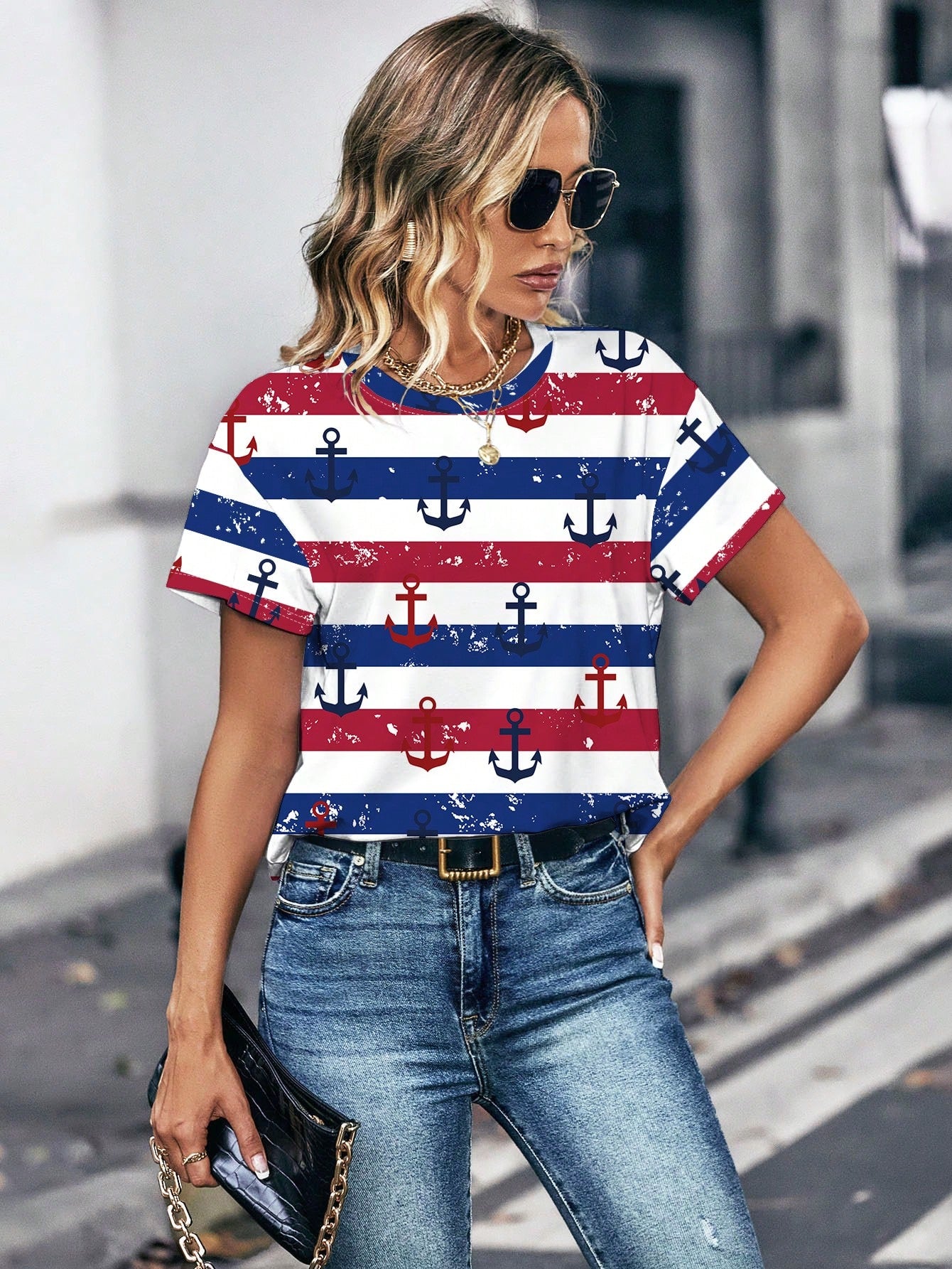 INAWLY Women's Casual Crewneck Anchor & Stripe Print Short Sleeve T-Shirt, Trendy Outfit Graphic Tees Women Tops