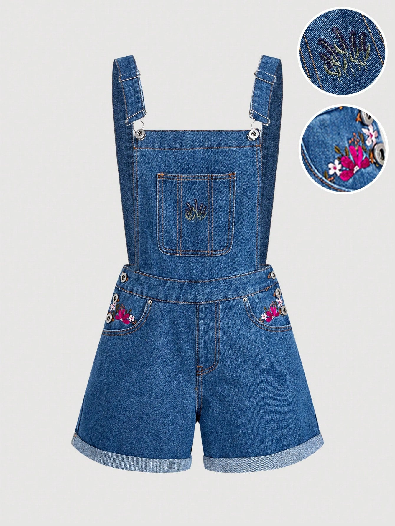 MOD Women's Floral Pattern Pocketed Cuffed Hem Casual Bib Overall Shorts