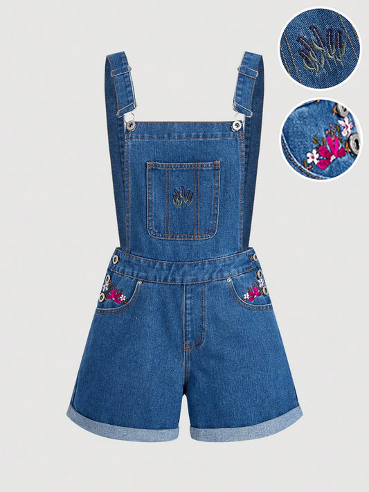 MOD Women's Floral Pattern Pocketed Cuffed Hem Casual Bib Overall Shorts