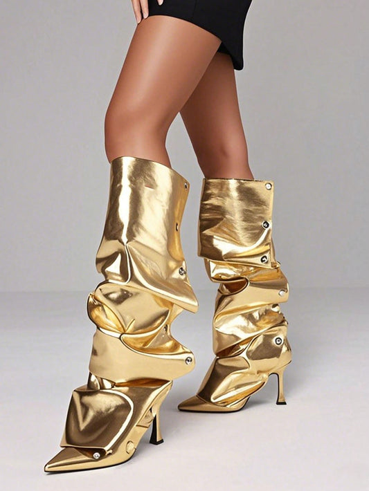 Sexy Design Stiletto High Heel Women Ruched Slouchy Boots Knee High Pointed Toe Mid Calf Luxury Fashion Detachable Shoes