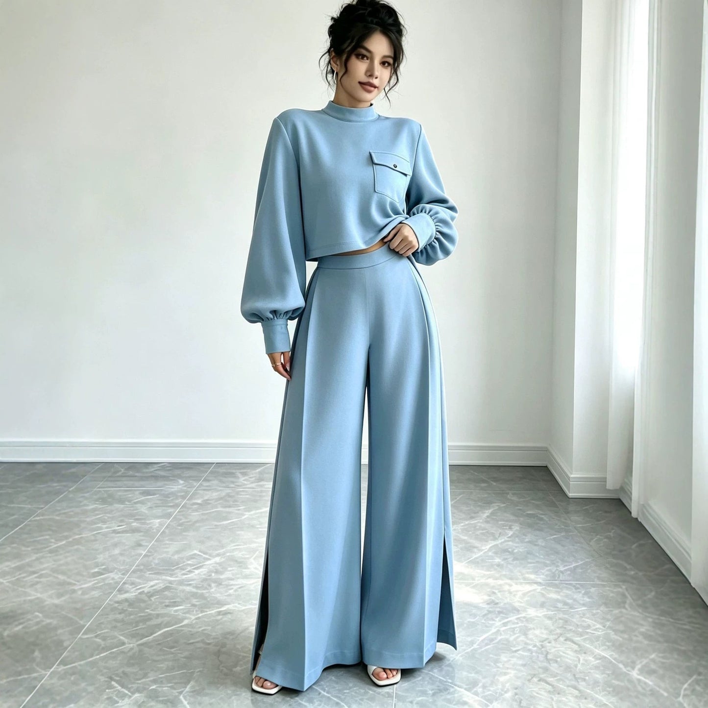 Light blue floral midi dress crafted from stretchy bodycon fabric, featuring an asymmetric flounce hem that creates movement with every step.