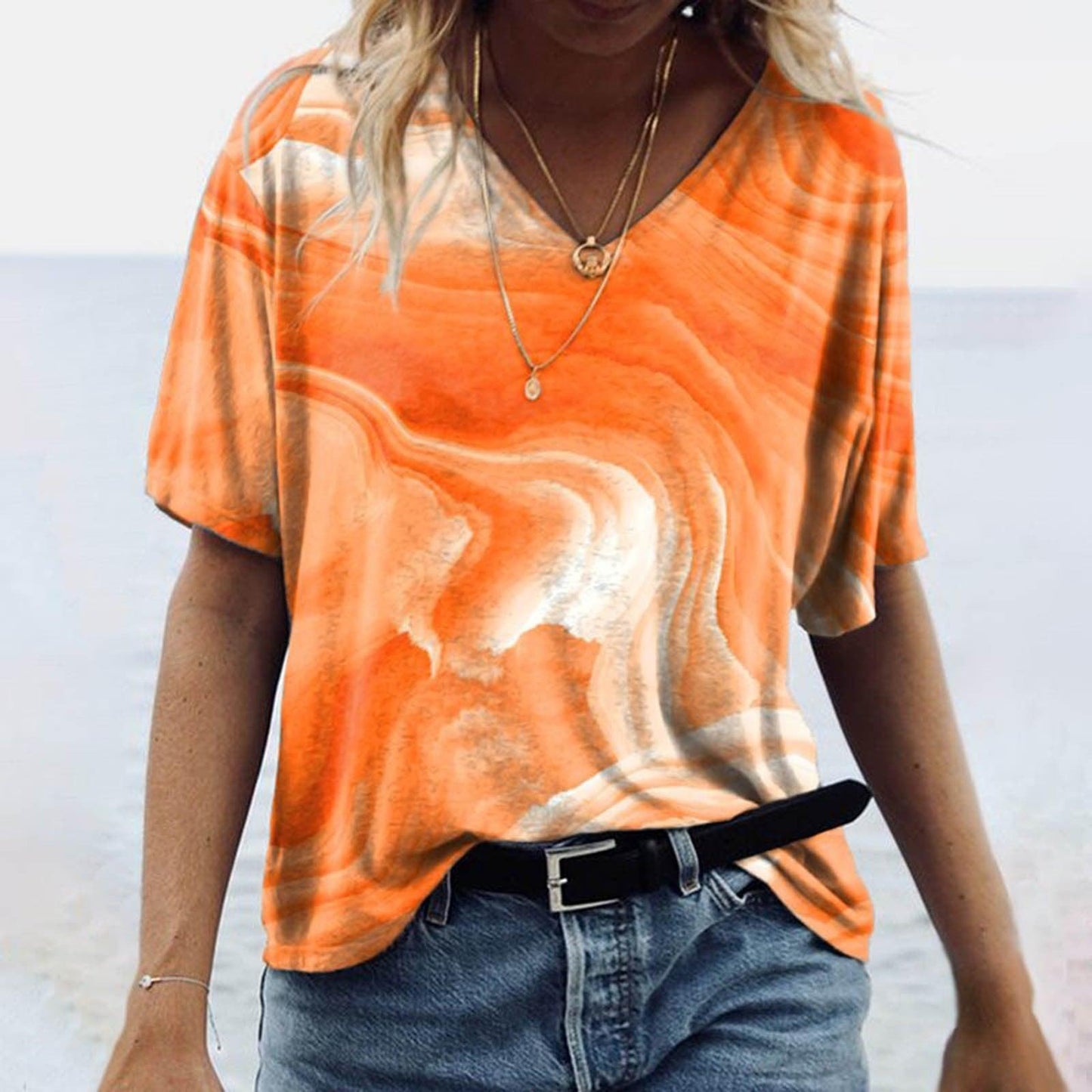 Women's Spring Glitzy V-Neck Short Sleeved Marble Print Top