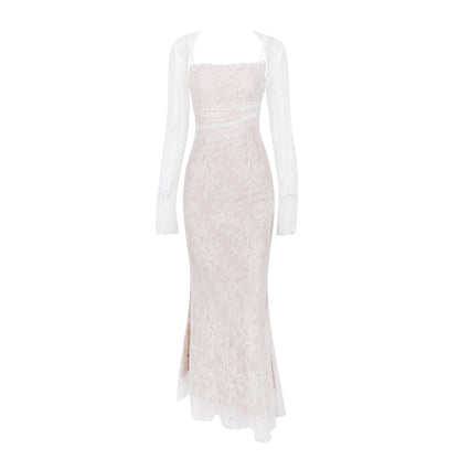 Ivory white long-sleeve lace shawl mermaid maxi dress set featuring a square neckline and a fitted silhouette on an isolated background.