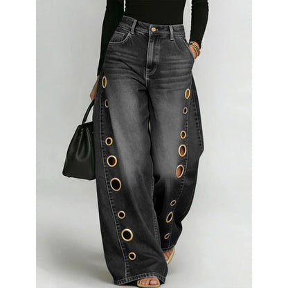 Women's Dark Blue Metal Eyelet High Waist Loose Wide-Leg Jeans - Side Detail View