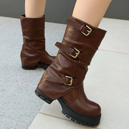 Women's Triple Buckle Moto Boots – Distressed PU Chunky Platform Block Heel