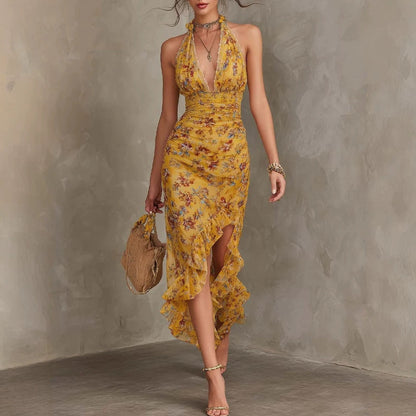 Full-length walking view of Women's Halter Neck Deep V Floral Maxi Dress showcasing the side split and cascading ruffle hem