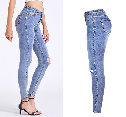 Essential Ripped Skinny Jeans – Stretch Slim Fit, Stone Wash Blue Denim, Street Style