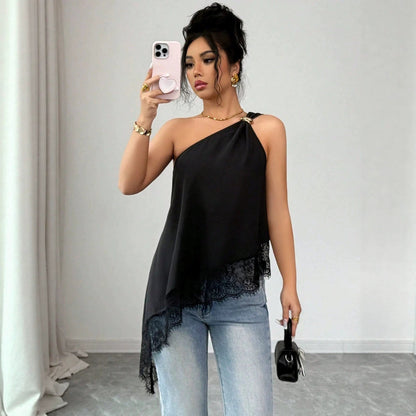Black off-shoulder lace patchwork vest with metal buckle and irregular hem worn with jeans