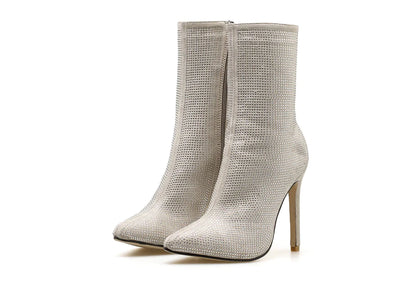 Rhinestone High Heel Boots with Pointed Toe