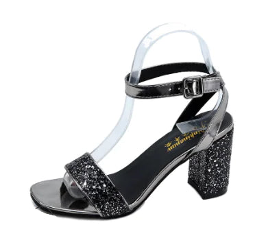 Style Open Toe Chunky Heel Rhinestone Pumps