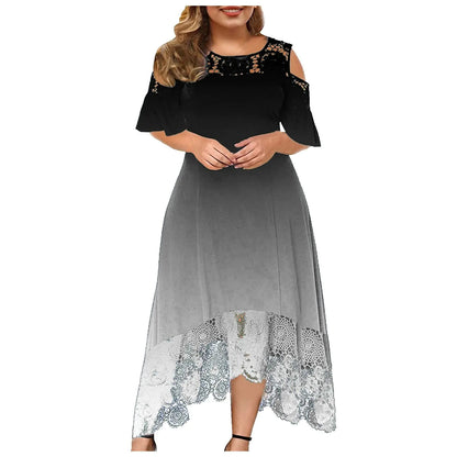 Trendy Plus-Size Gradient Lace Shoulder Dress for Women