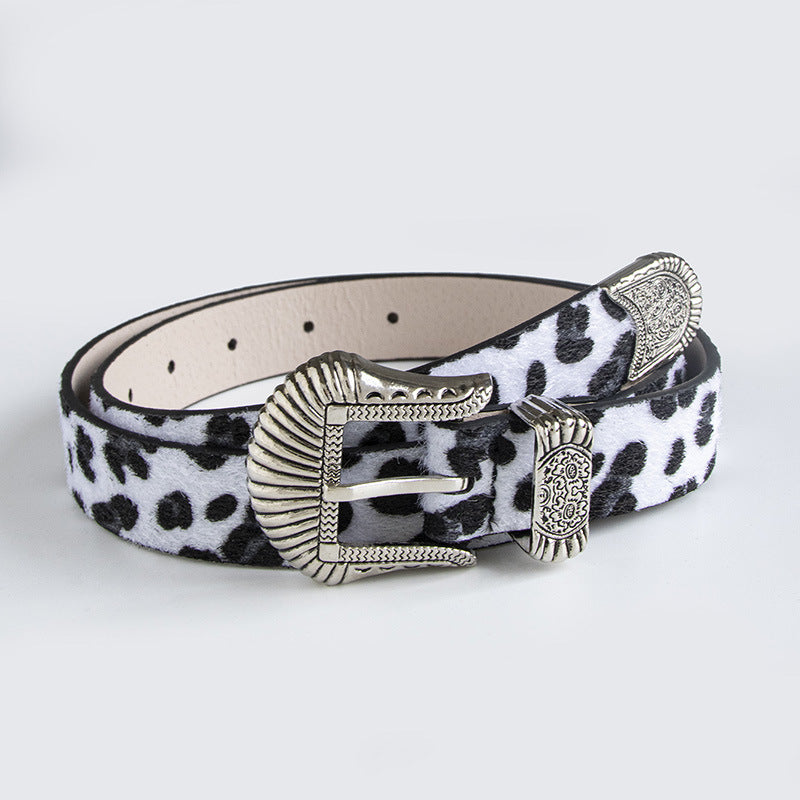 European And American New Retro Carved Imitation Horse Hair Leopard Print Fashion Y2K Dopamine Western Buckle Belt Cross-Border Women's Belt
