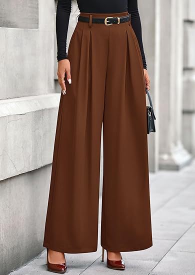 Women's pleated wide-leg trousers in warm brown featuring a slimming drape silhouette, structured front pleats, and an adjustable belted waist.