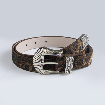 European And American New Retro Carved Imitation Horse Hair Leopard Print Fashion Y2K Dopamine Western Buckle Belt Cross-Border Women's Belt